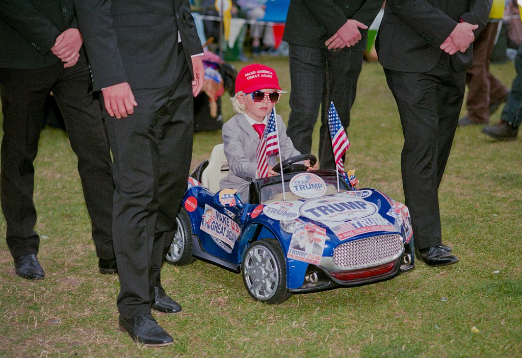 'Donald Trump' and his entourage of bodyguards entry for the Wells Next The Sea carnival in Norfolk, his 